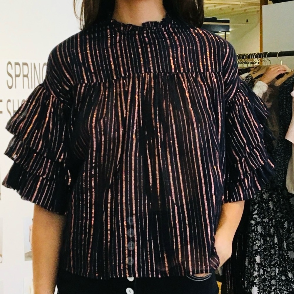Ulla Johnson short sleeve ruffle blouse copper and navy color